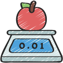 Ilustración de una manzana roja sobre una balanza digital que muestra un peso de 0.01 kg, representando la medición de frutas.